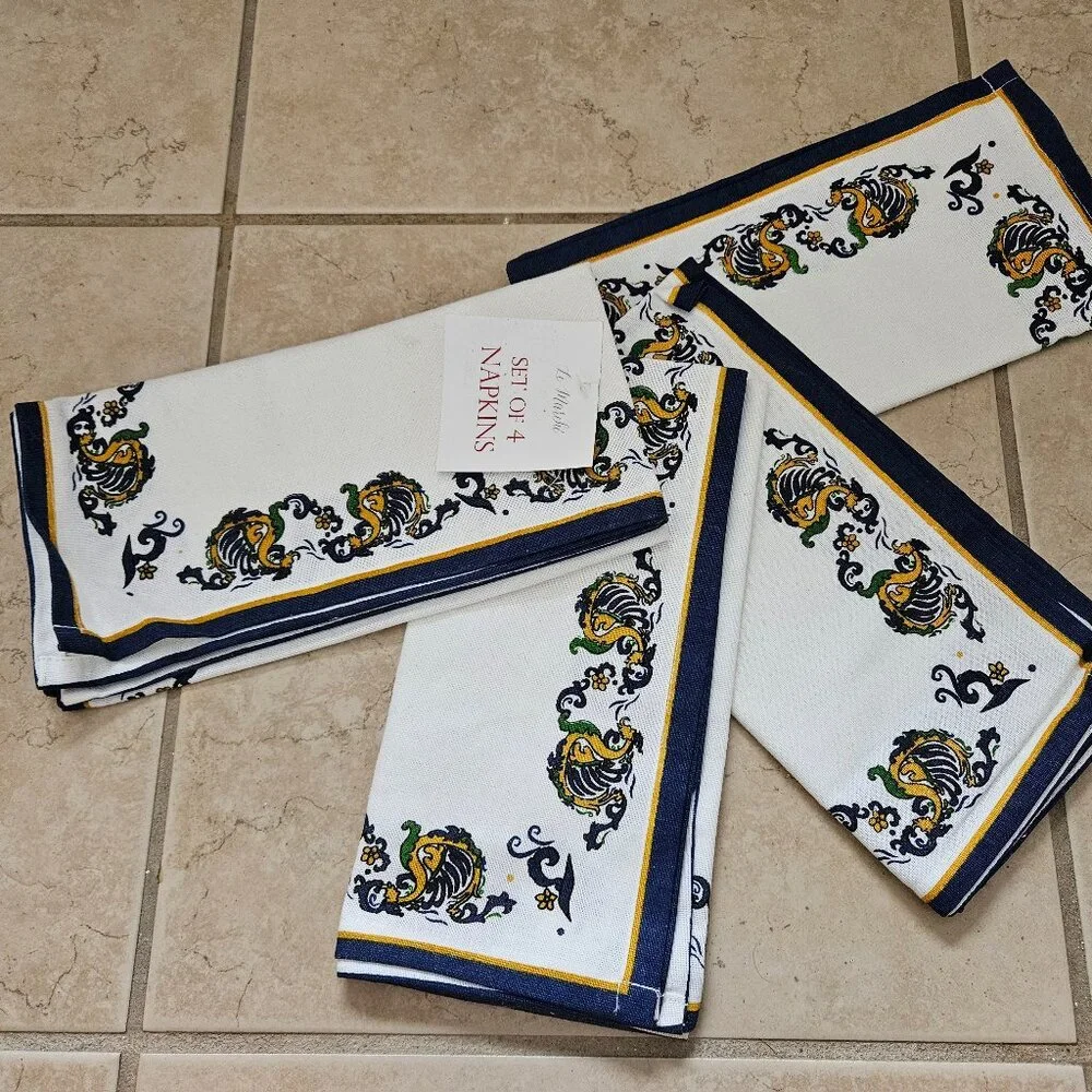 RARE SET 4 NEW LE MARCHI NEW YEAR CHINESE DRAGON BLUE COTTON DINNER NAPKINS
